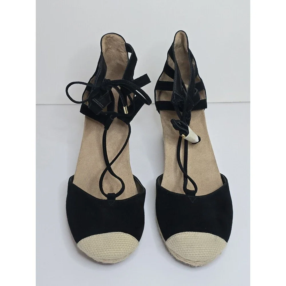Vionic Calypso Espadrille Wedge Sandals Black Suede Lace Up Women's Size 11